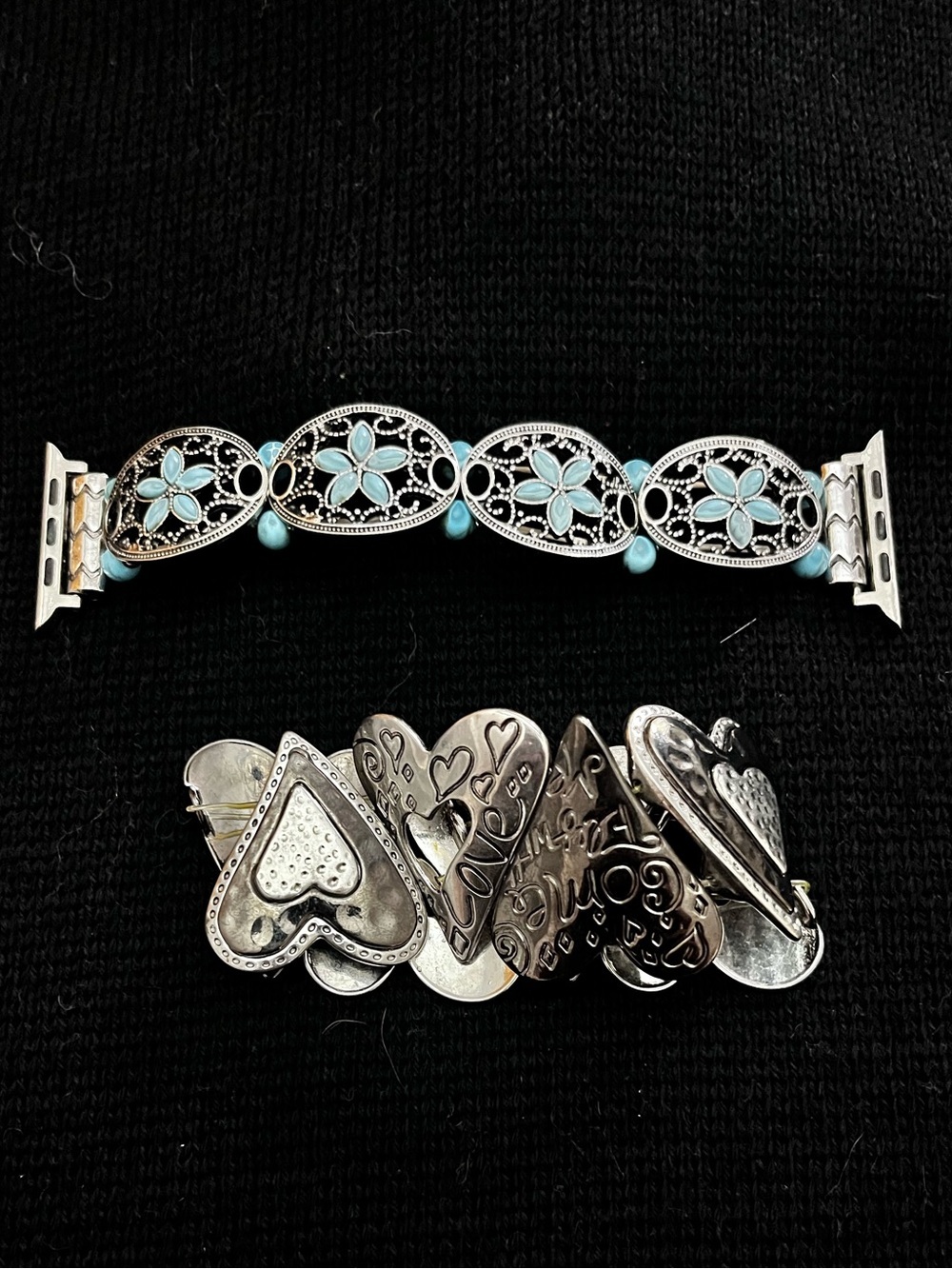 Silver tone Boho Jewelry Set: Floral Apple Watch Band & Heart Stretch Bracelet